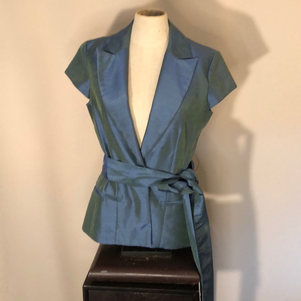 Moda Internationmal Nylon Shantung Wrap Blouse Blazer, short sleeves, Sz. 6